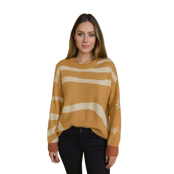 easel Sweaters - Easel Striped Knit Sweater Floral Detail Ochre Cream Long Sleeve Women's NEW‎
